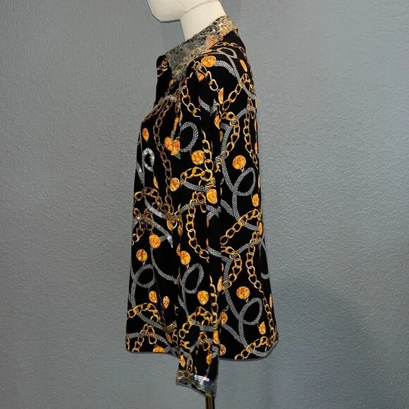 Vintage STARINGTON Sequin & Bead Embellished Chain & Coin Silk Blouse - EUC - 8 - Picture 14 of 16